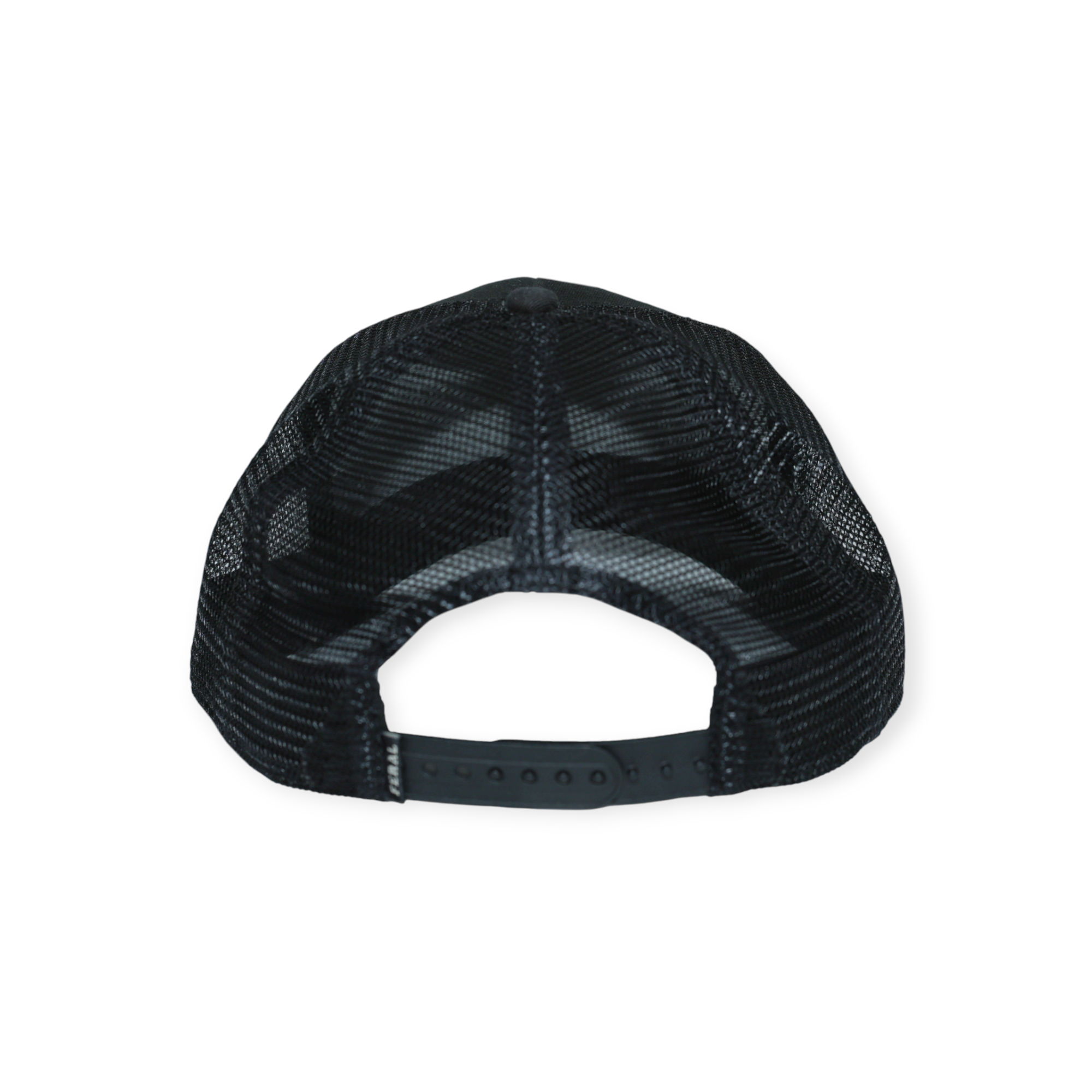 Black mesh trucker hat by FERAL, shown from the back with a snapback closure.