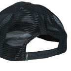 Black trucker hat by FERAL, featuring mesh netting and an adjustable snapback closure at the back.