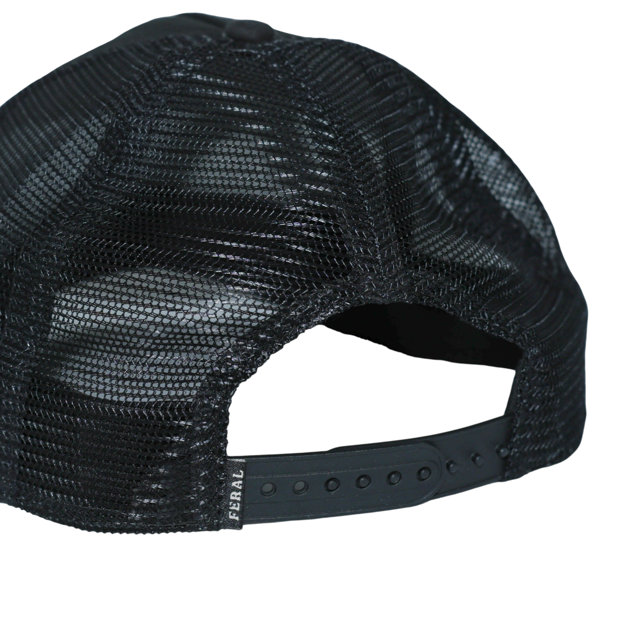 Black trucker hat by FERAL, featuring mesh netting and an adjustable snapback closure at the back.