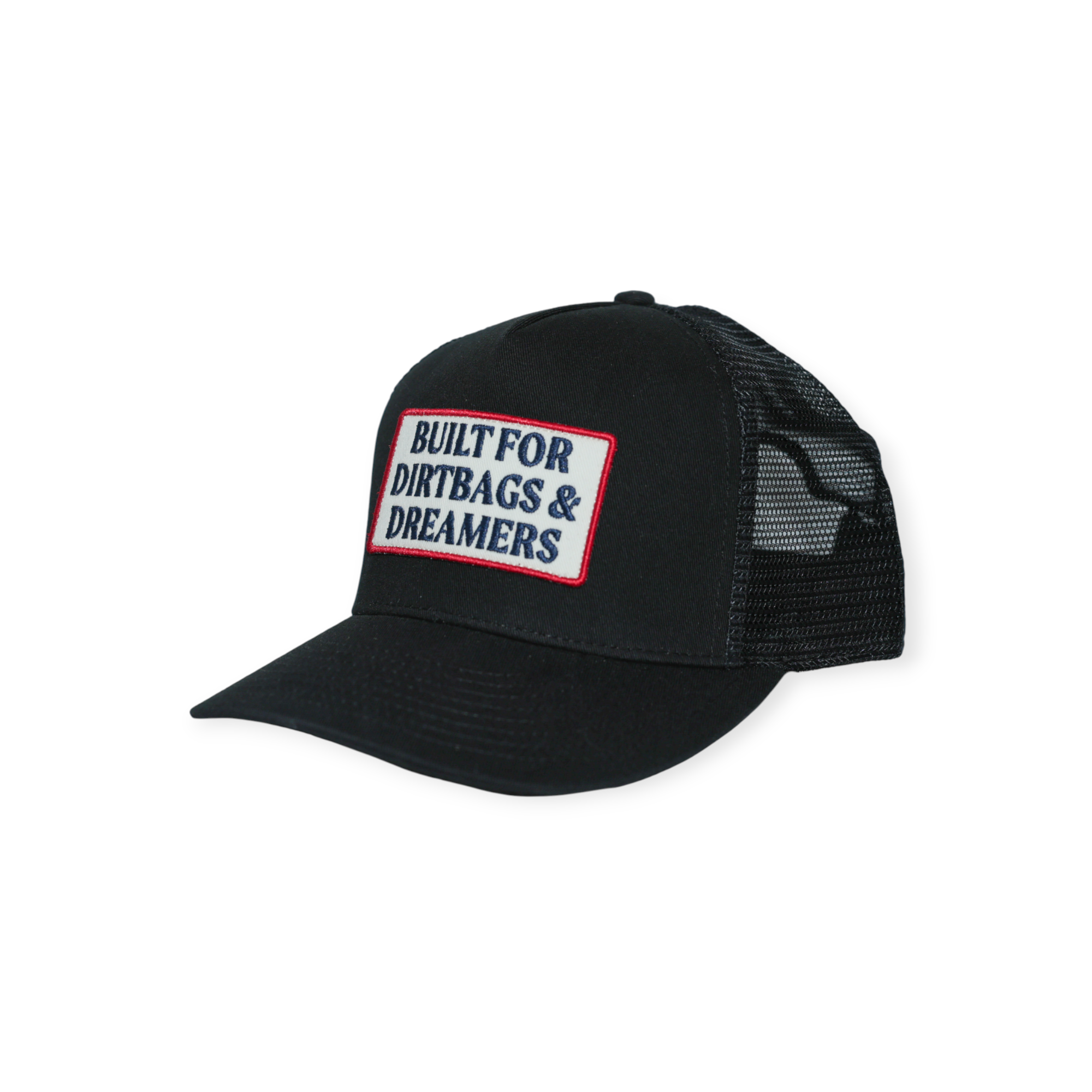 Black trucker hat by FERAL with a patch that reads "Built for Dirtbags & Dreamers".