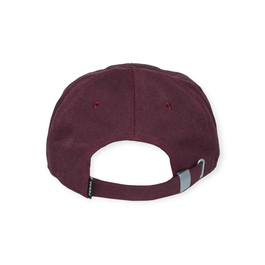 Maroon wool hat by FERAL, featuring a silver adjustment buckle and matching eyelets.