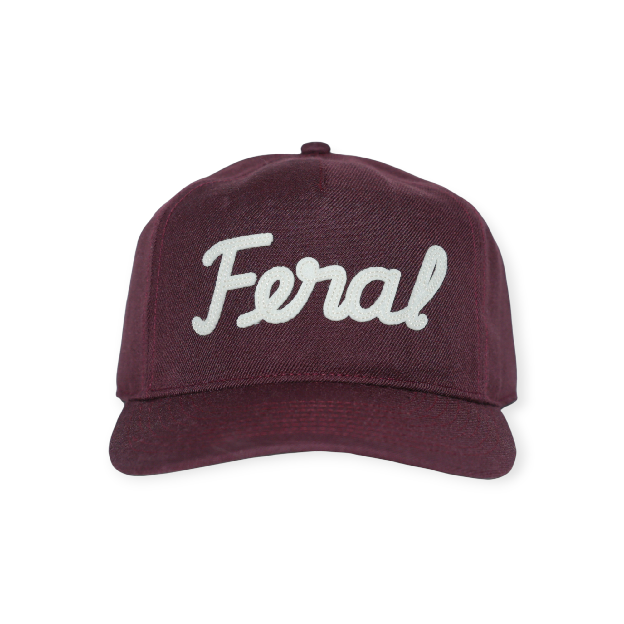 Burgundy wool hat by FERAL with a white, cursive "Feral" logo on the front.