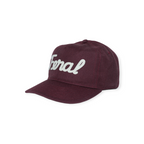 Maroon wool hat by FERAL with white cursive font lettering on the front.