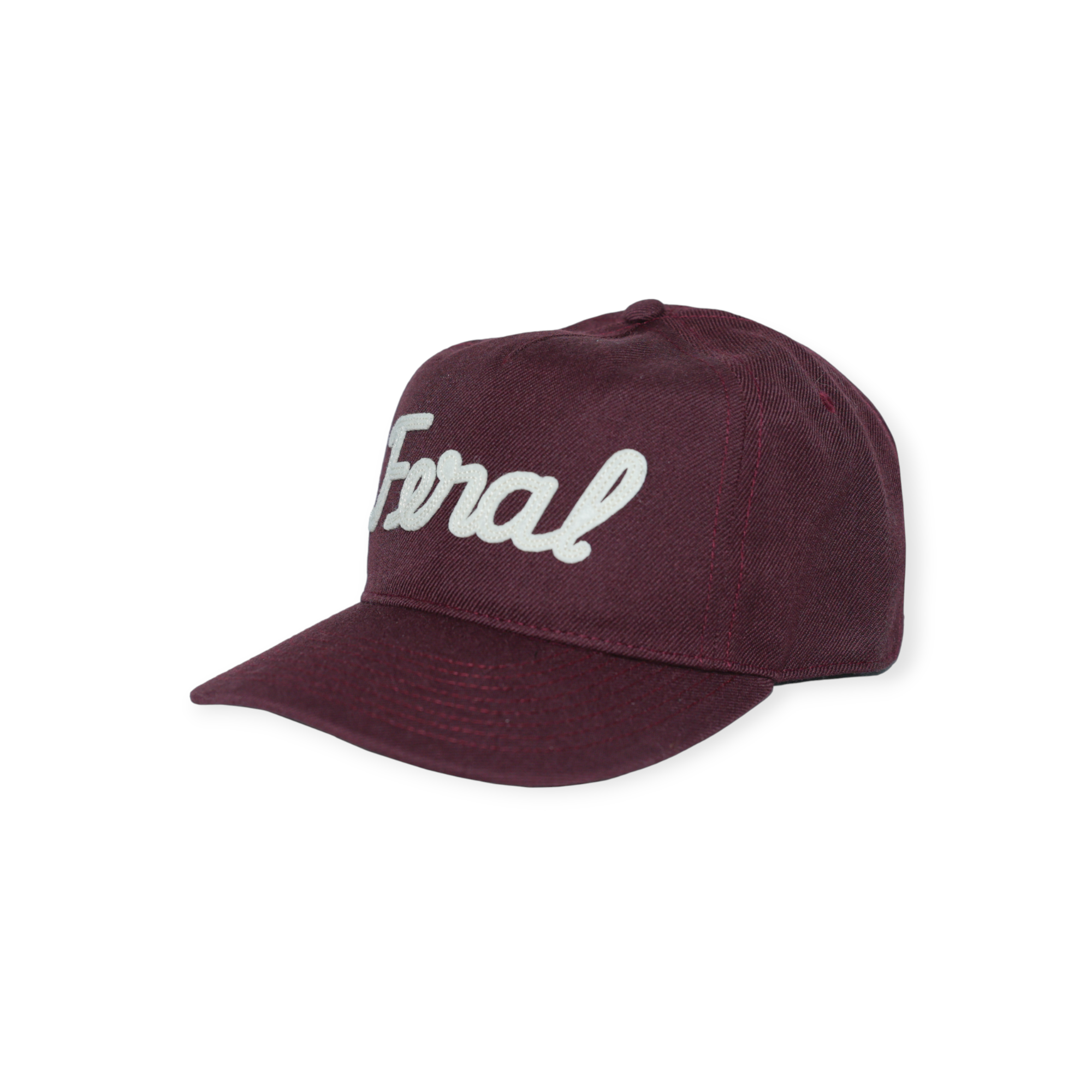 Maroon wool hat by FERAL with white cursive font lettering on the front.