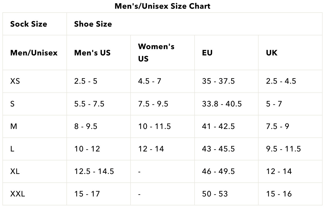A size chart for men's and unisex socks, with size conversions for US, EU, and UK shoe sizes.