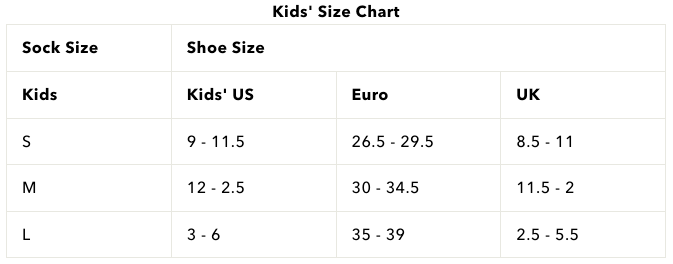 A table displaying a kids' sock size chart shows conversions between US, Euro, and UK shoe sizes for small, medium, and large sock sizes.