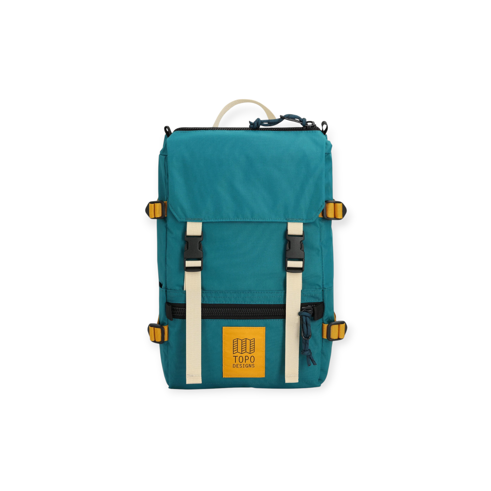 Teal Rover Pack Mini by Topo Designs with cream-colored straps, gold accents and a yellow logo patch.