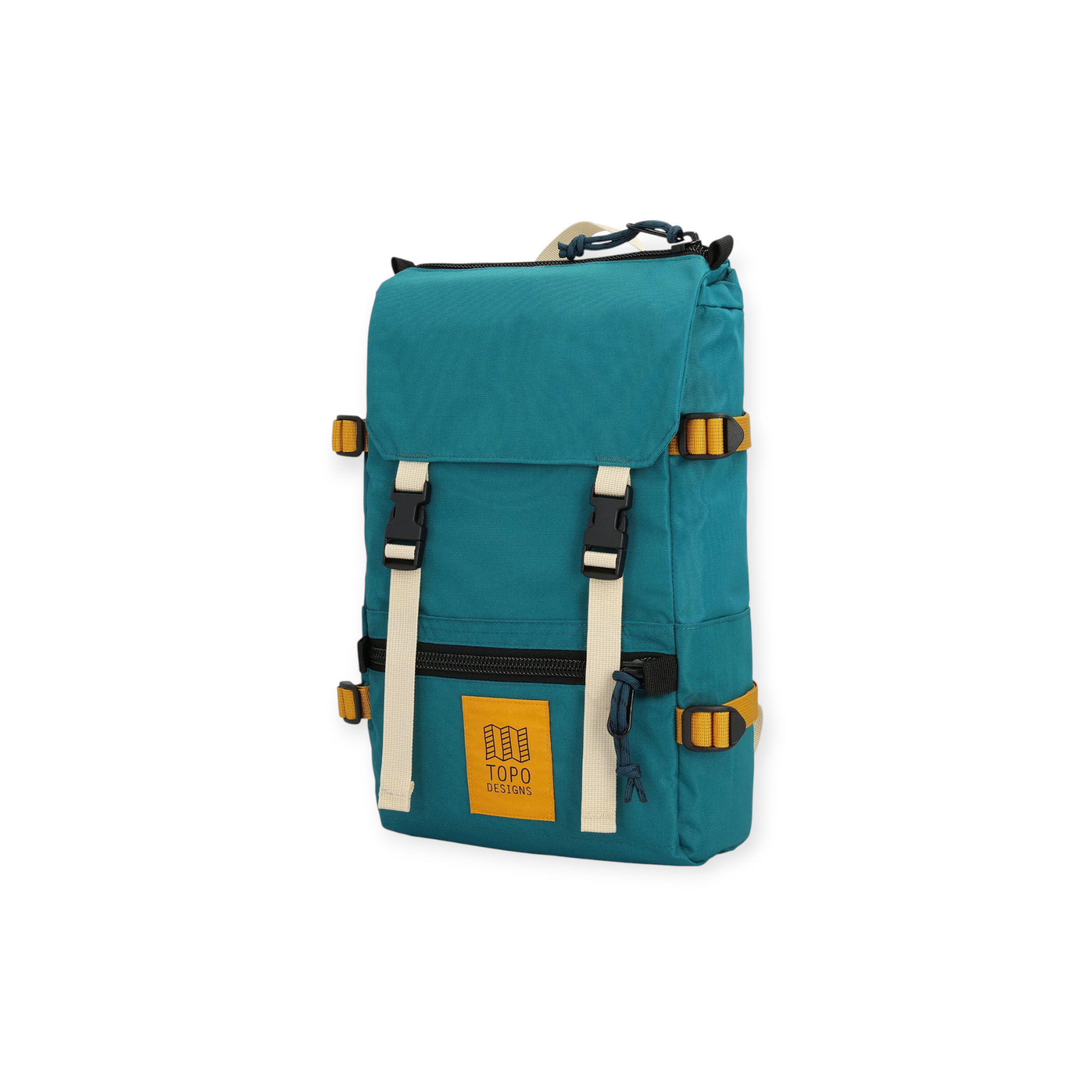 Teal backpack by Topo Designs with beige straps and yellow accents.