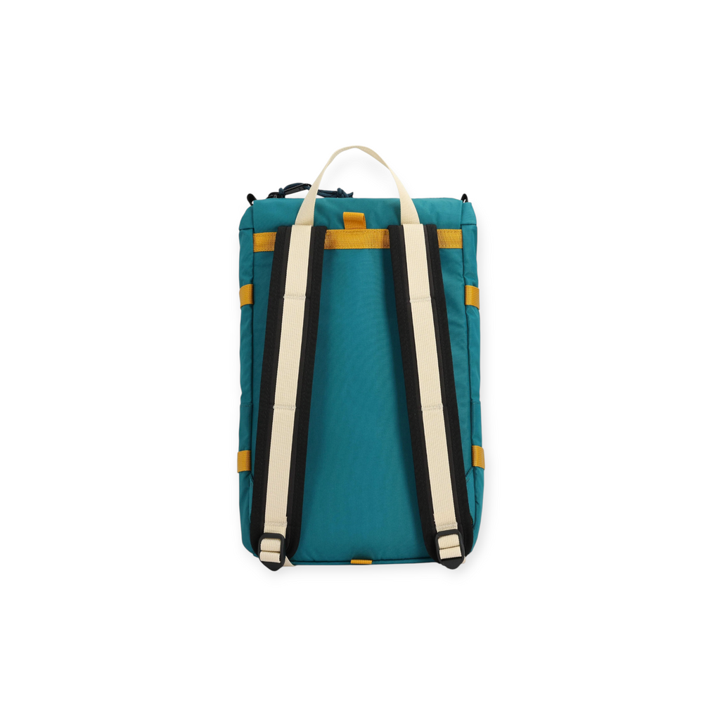 Teal and yellow mini backpack by Topo Designs featuring cream colored straps and black trim, back view.
