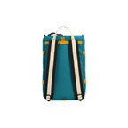 Teal and yellow mini backpack by Topo Designs featuring cream colored straps and black trim, back view.
