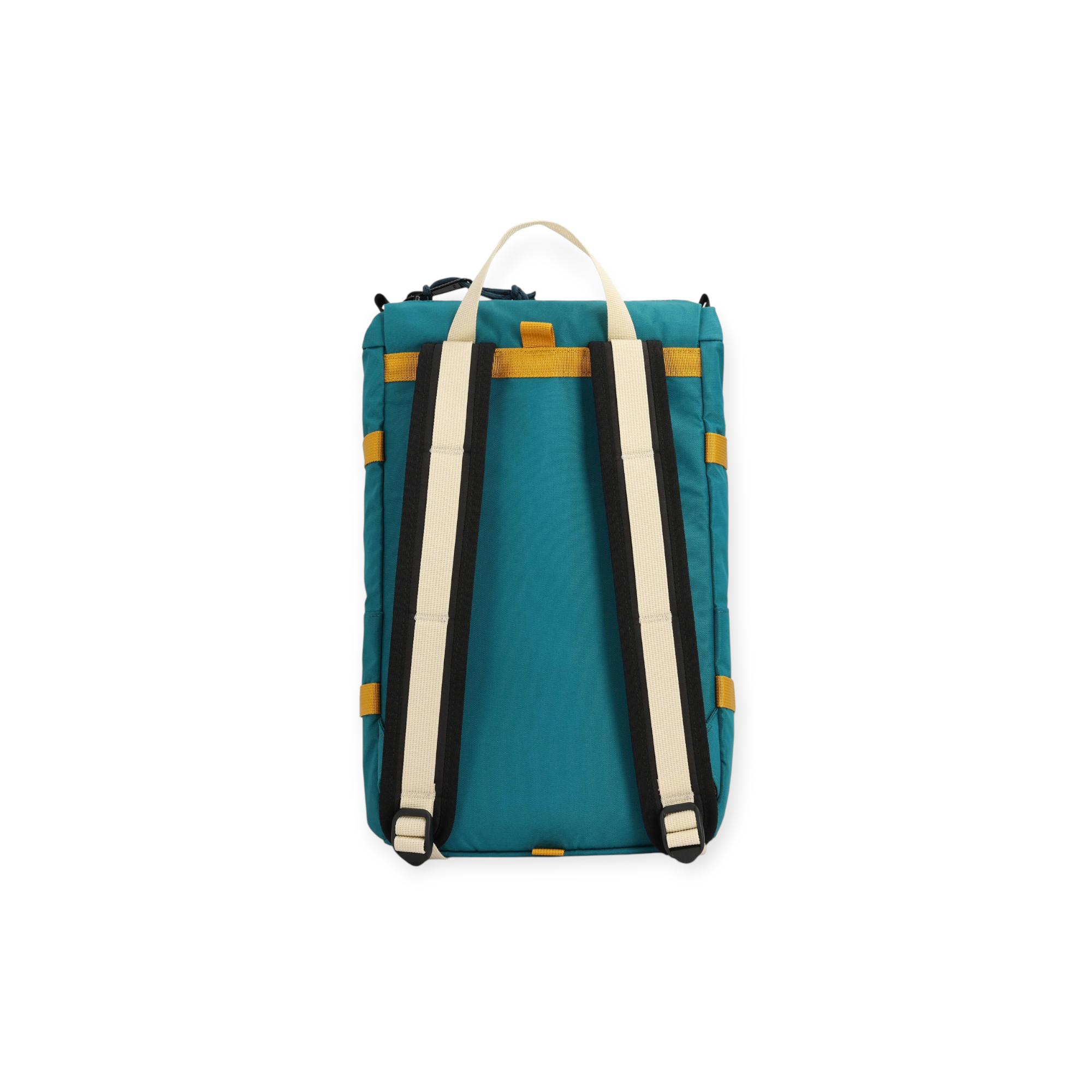 Teal and yellow mini backpack by Topo Designs featuring cream colored straps and black trim, back view.
