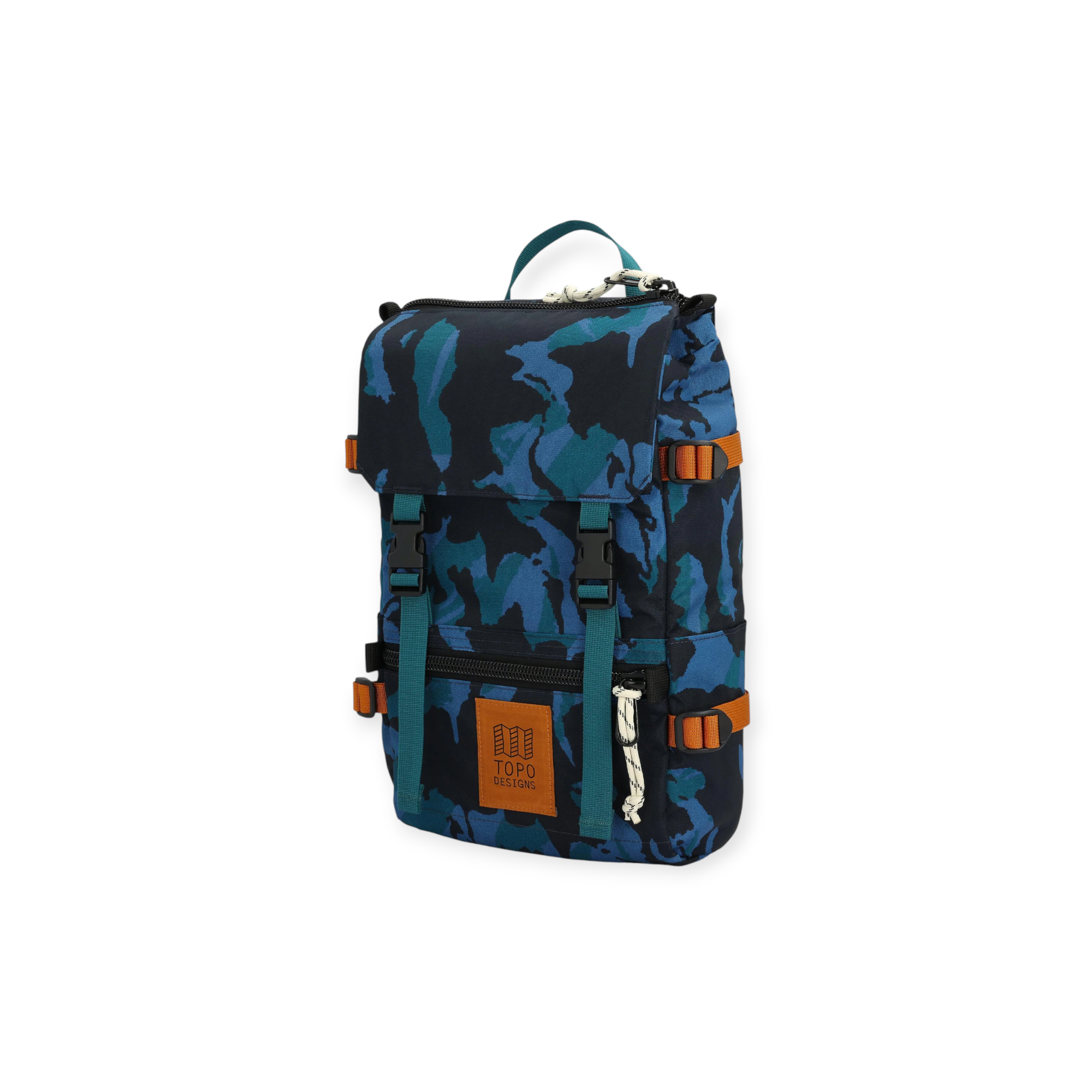 Blue camouflage backpack from Topo Designs with teal straps and orange buckle closures.