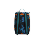 Camo backpack by Topo Designs with teal and orange webbing straps, viewed from the back.
