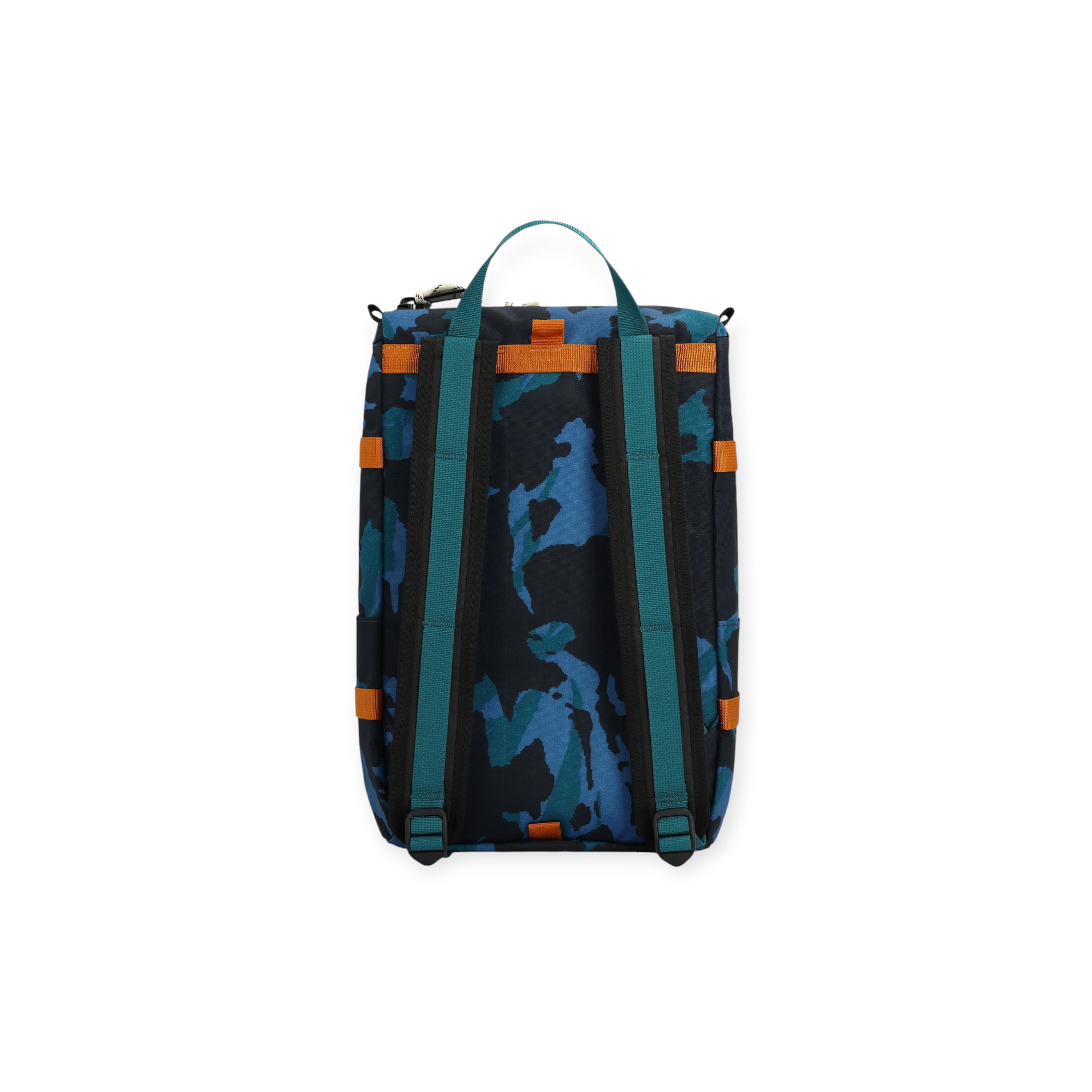 Camo backpack by Topo Designs with teal and orange webbing straps, viewed from the back.