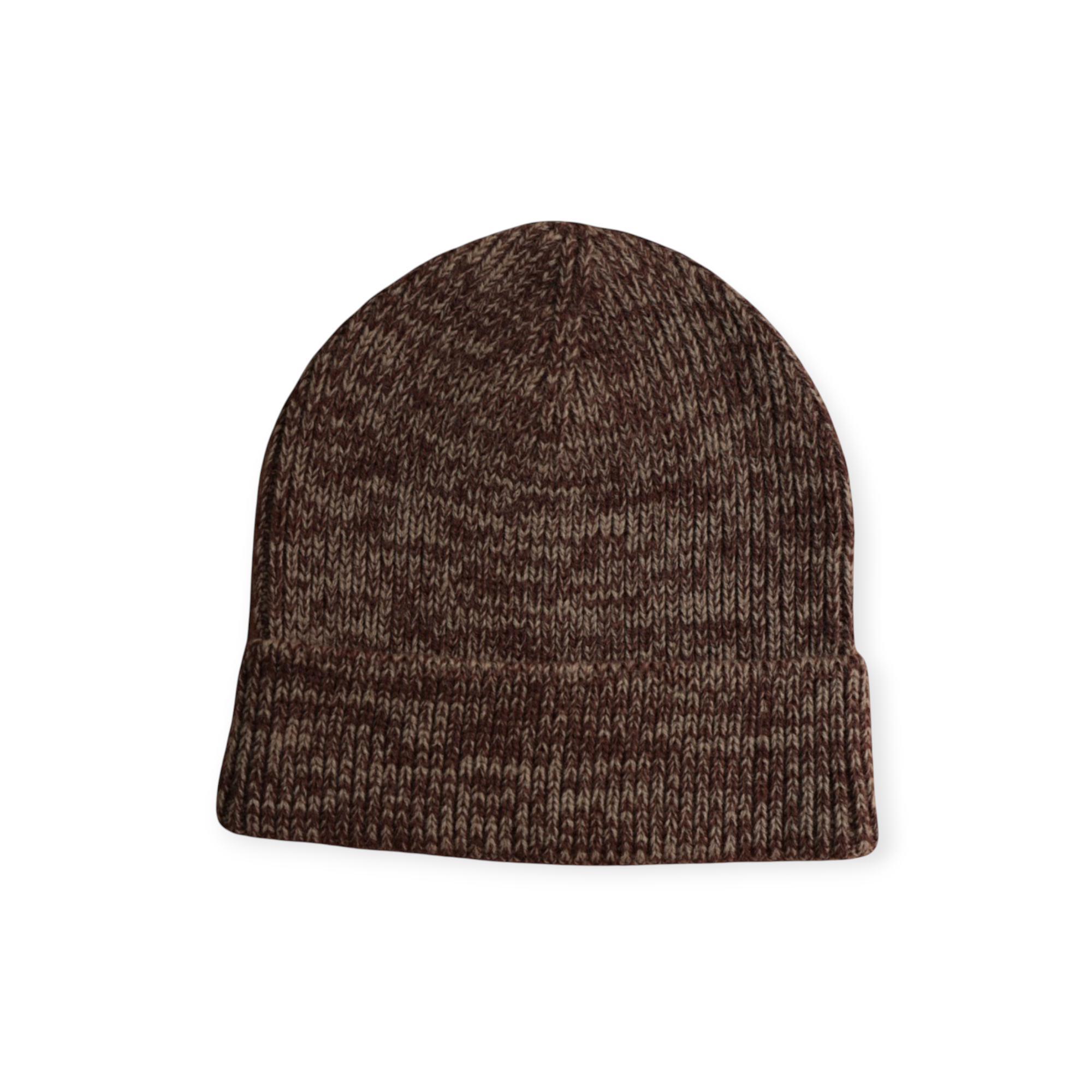 Two-toned brown knit beanie by FERAL featuring a textured, ribbed pattern.
