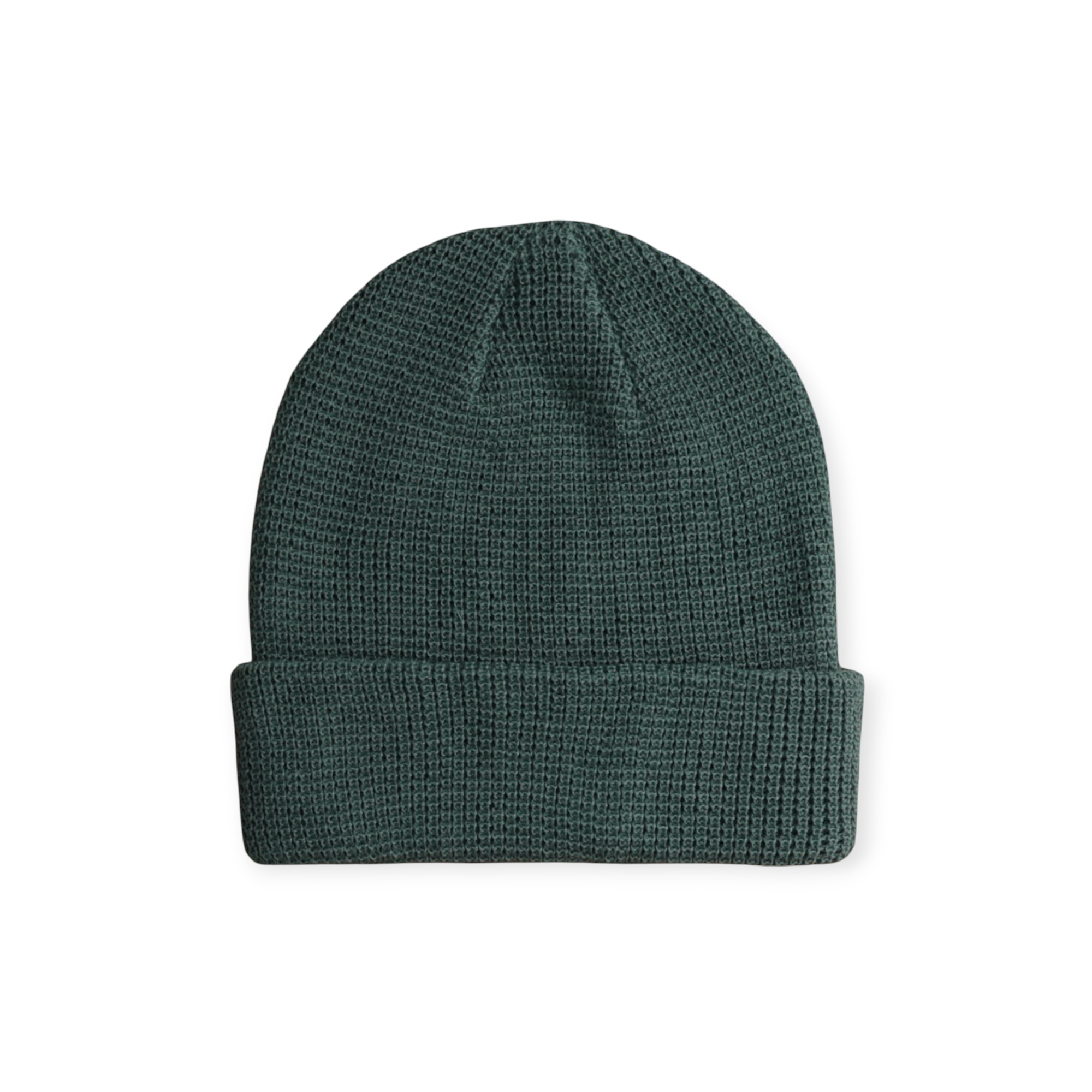 Dredge knit beanie by FERAL, with a dark green waffle texture and a rolled cuff.