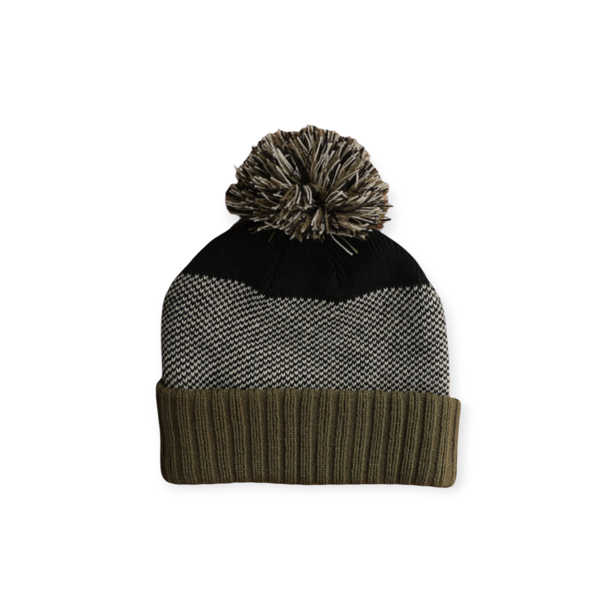 Knit beanie with pom by FERAL, featuring black, gray and olive green stripes and textured knit.