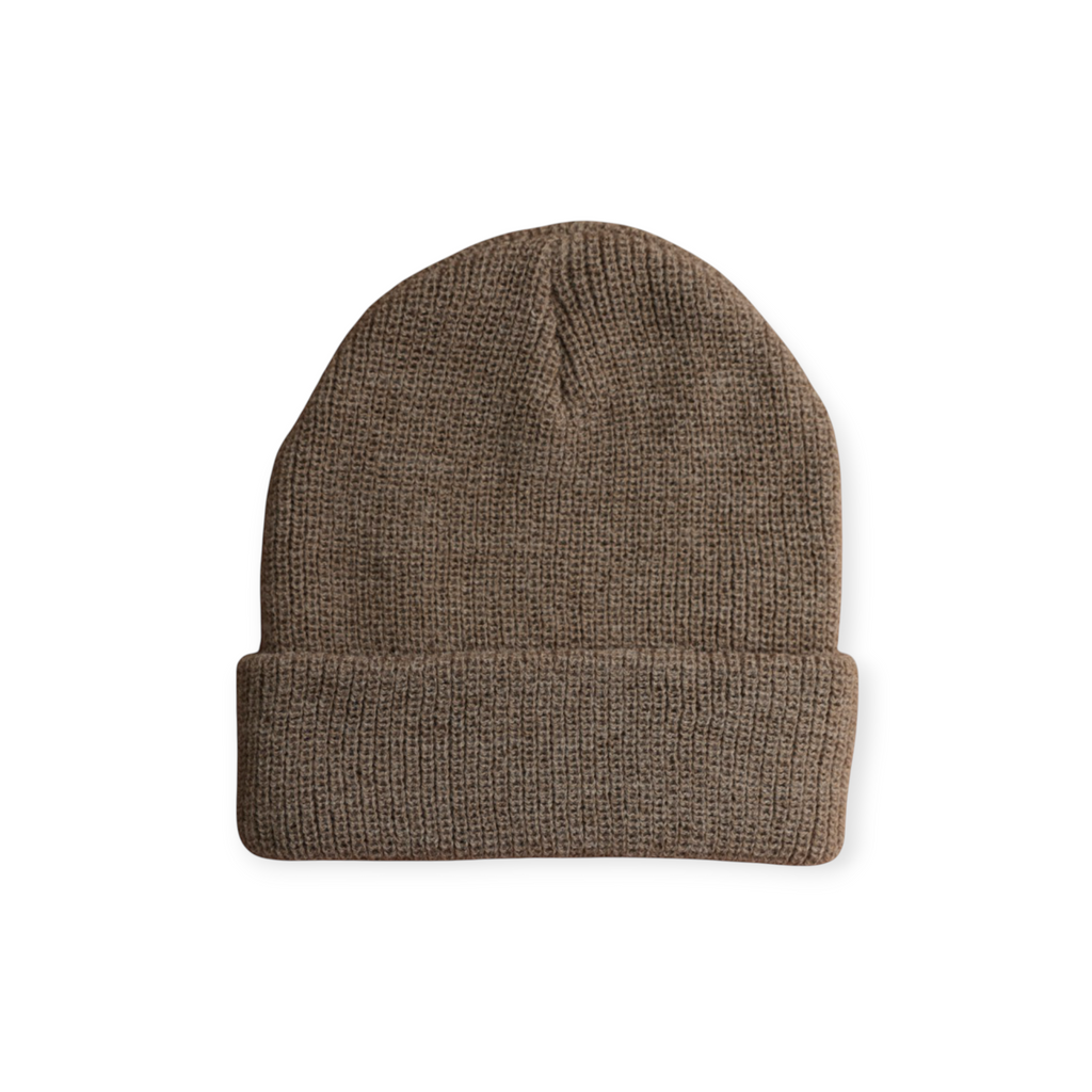 Brown knit beanie by FERAL with a ribbed texture.