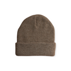 Brown knit beanie by FERAL with a ribbed texture.
