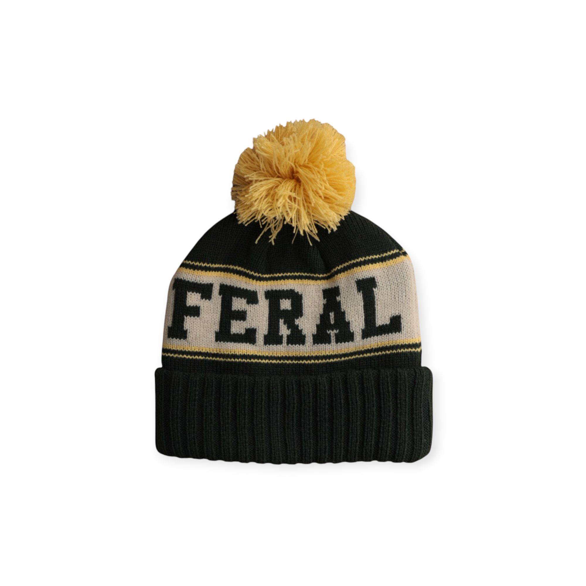 Retro knit beanie by FERAL with "FERAL" in block letters and a fluffy yellow pompom.