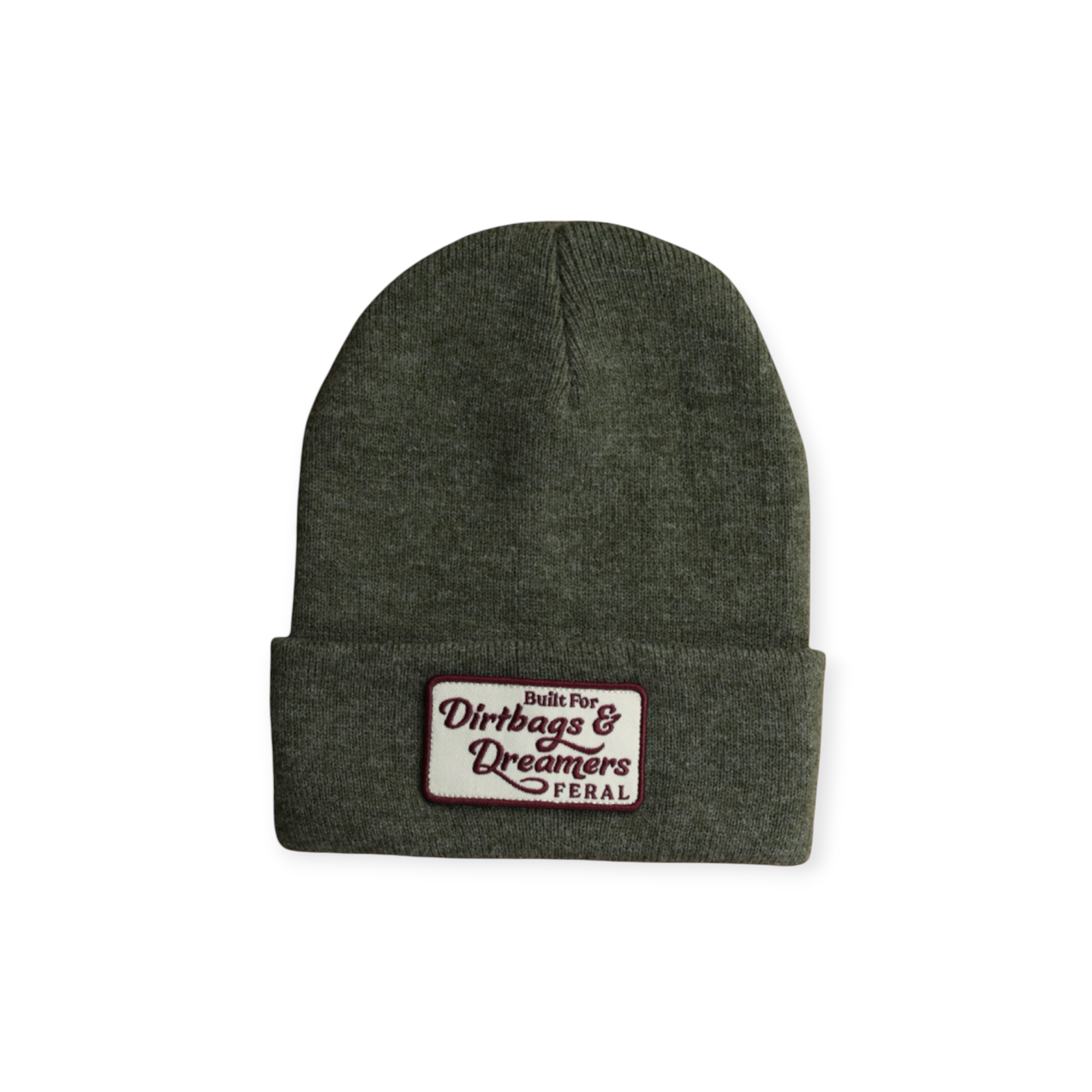 Olive green knit beanie by FERAL, with a patch that reads "Built for Dirtbags & Dreamers, FERAL."