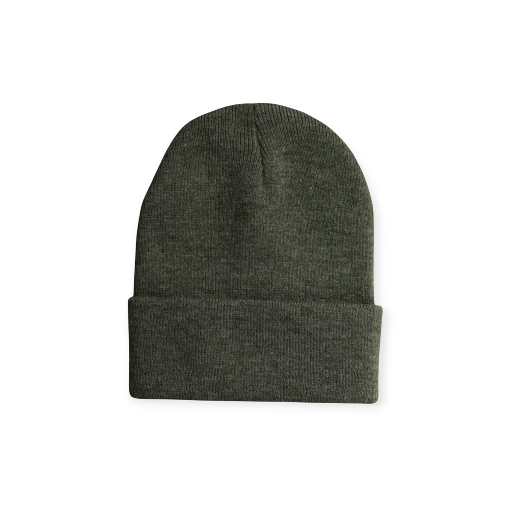 Olive green knit beanie by FERAL with a folded brim and ribbed texture.