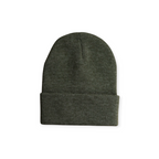 Olive green knit beanie by FERAL with a folded brim and ribbed texture.
