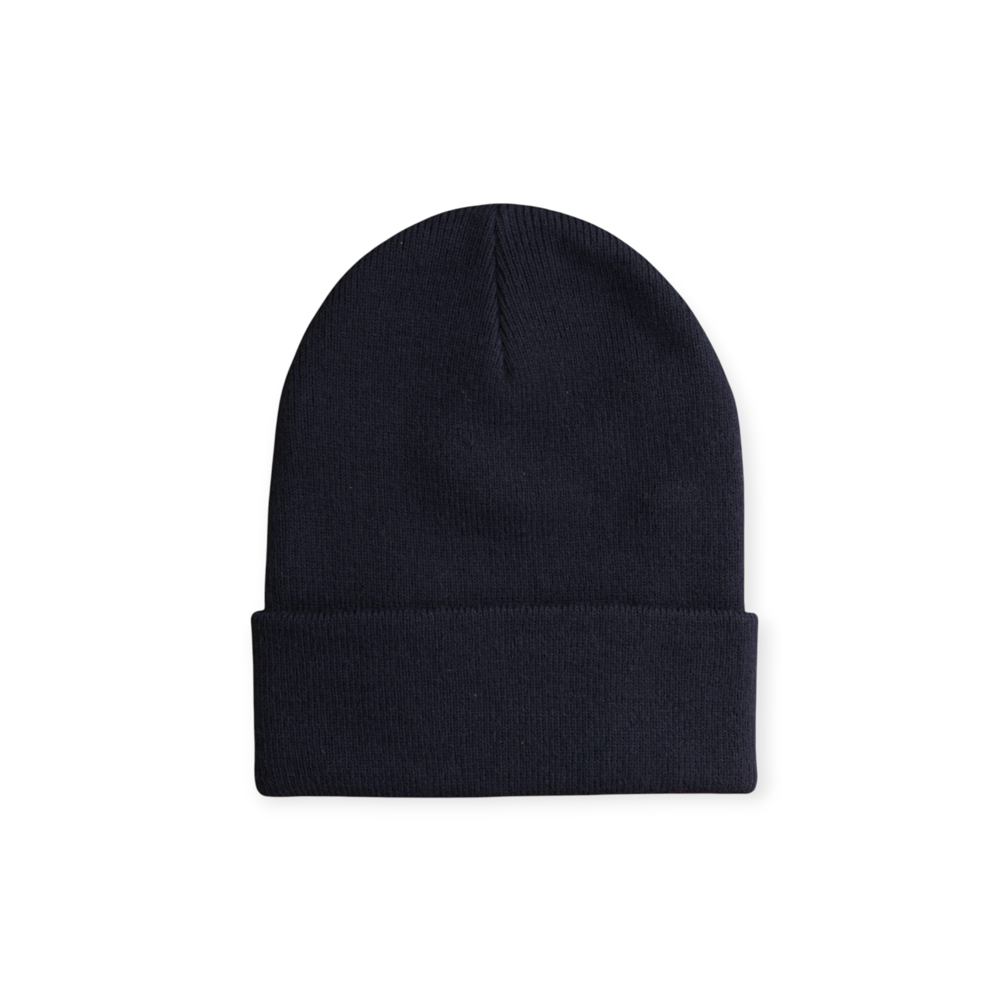 Navy knit beanie by FERAL with a simple, folded brim and smooth texture.