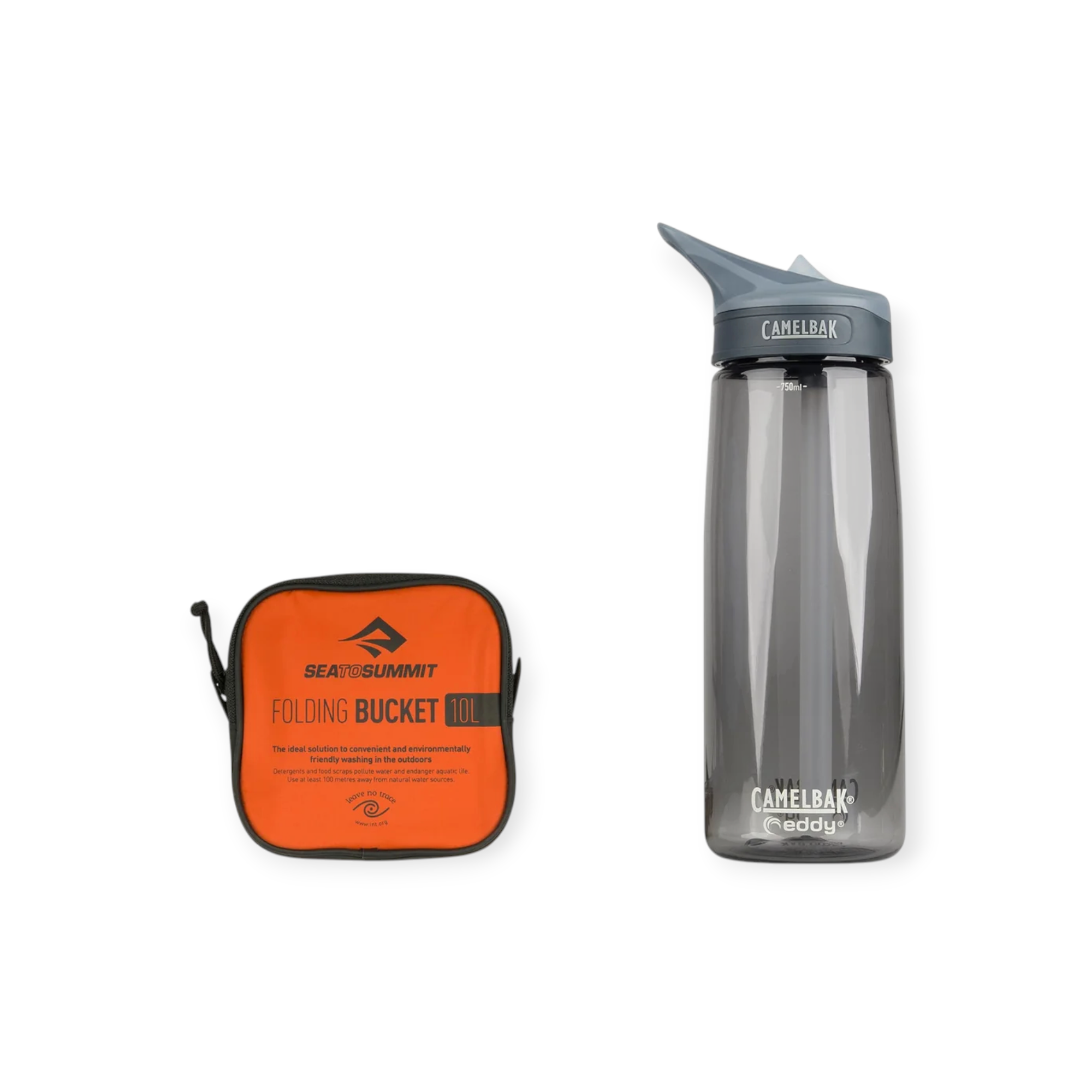 Folding bucket by Sea to Summit with its carry pouch next to a gray water bottle with matching gray cap.