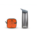 Nylon folding bucket 20L by Sea to Summit, next to a gray water bottle.
