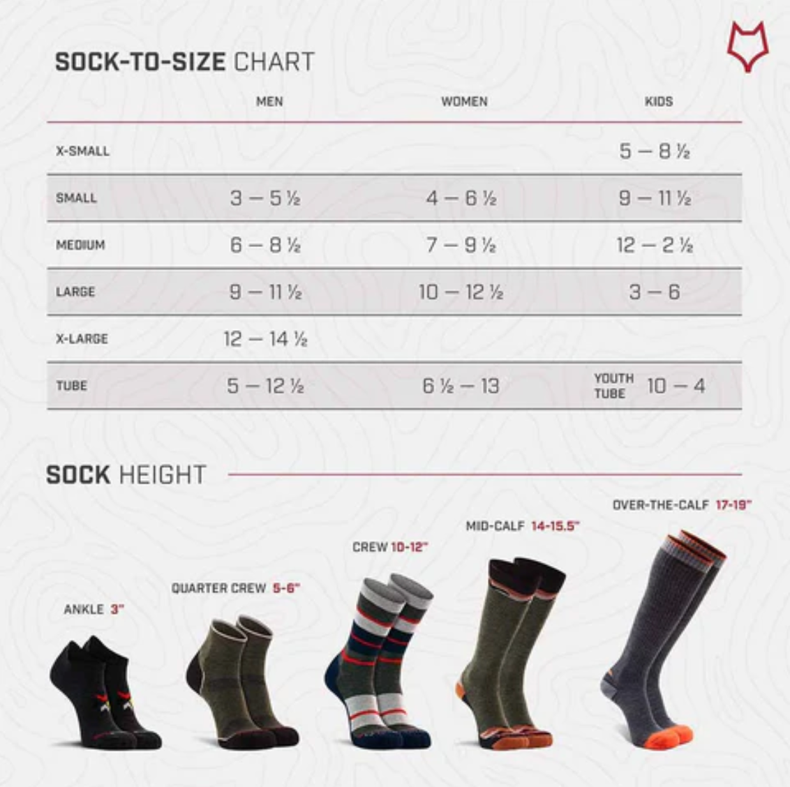 Sock-to-size chart with size guides for men, women, and kids; also displays different sock heights including ankle, quarter crew, crew, mid-calf, and over-the-calf.