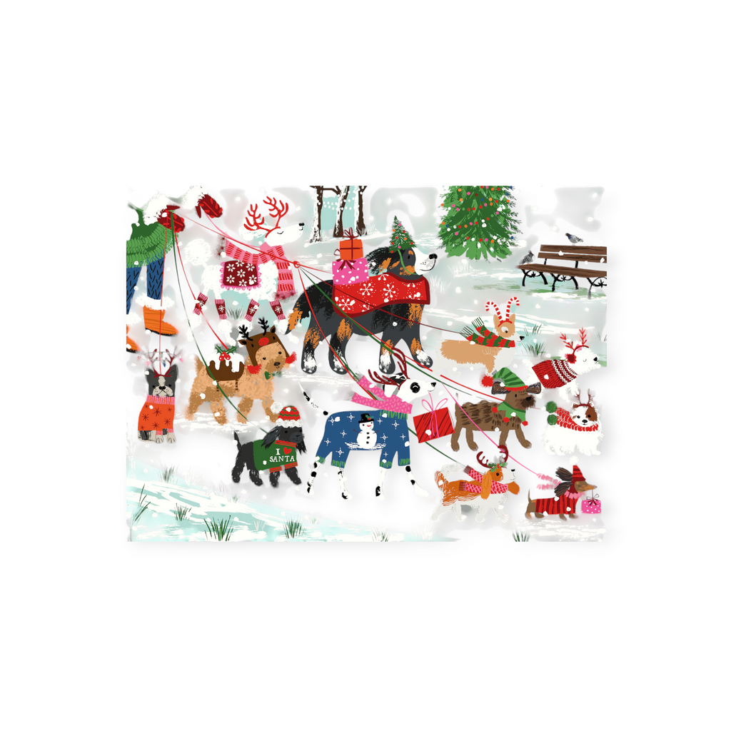 1000-piece puzzle by Puzzlefolk, depicting dogs wearing holiday apparel in a winter scene with snow falling.