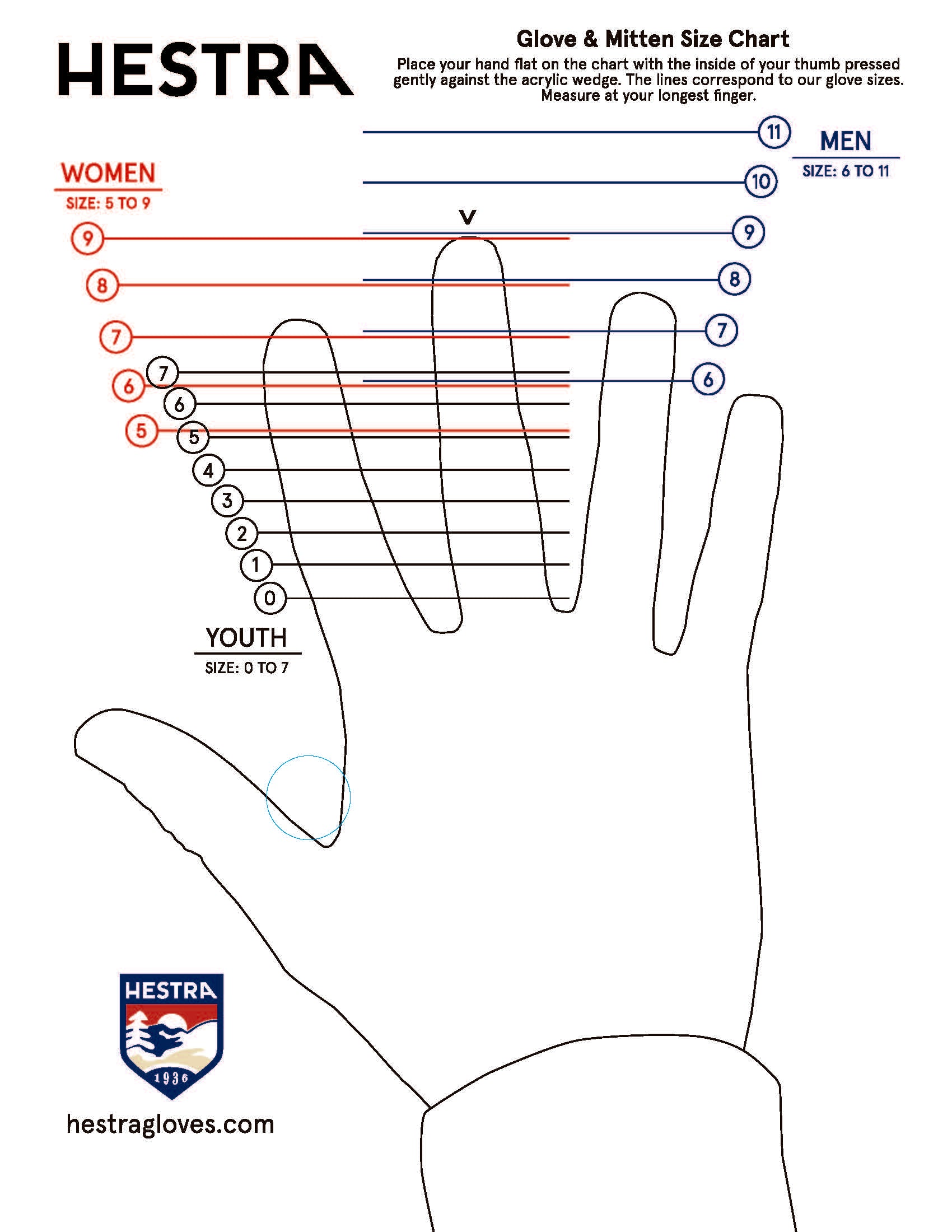 Hestra glove and mitten sizing chart showing hand outline with numbered horizontal lines for women, men, and youth sizes. Text includes brand and website.