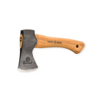 Small hatchet by Hults Bruk with a wooden handle and dark steel axe head.
