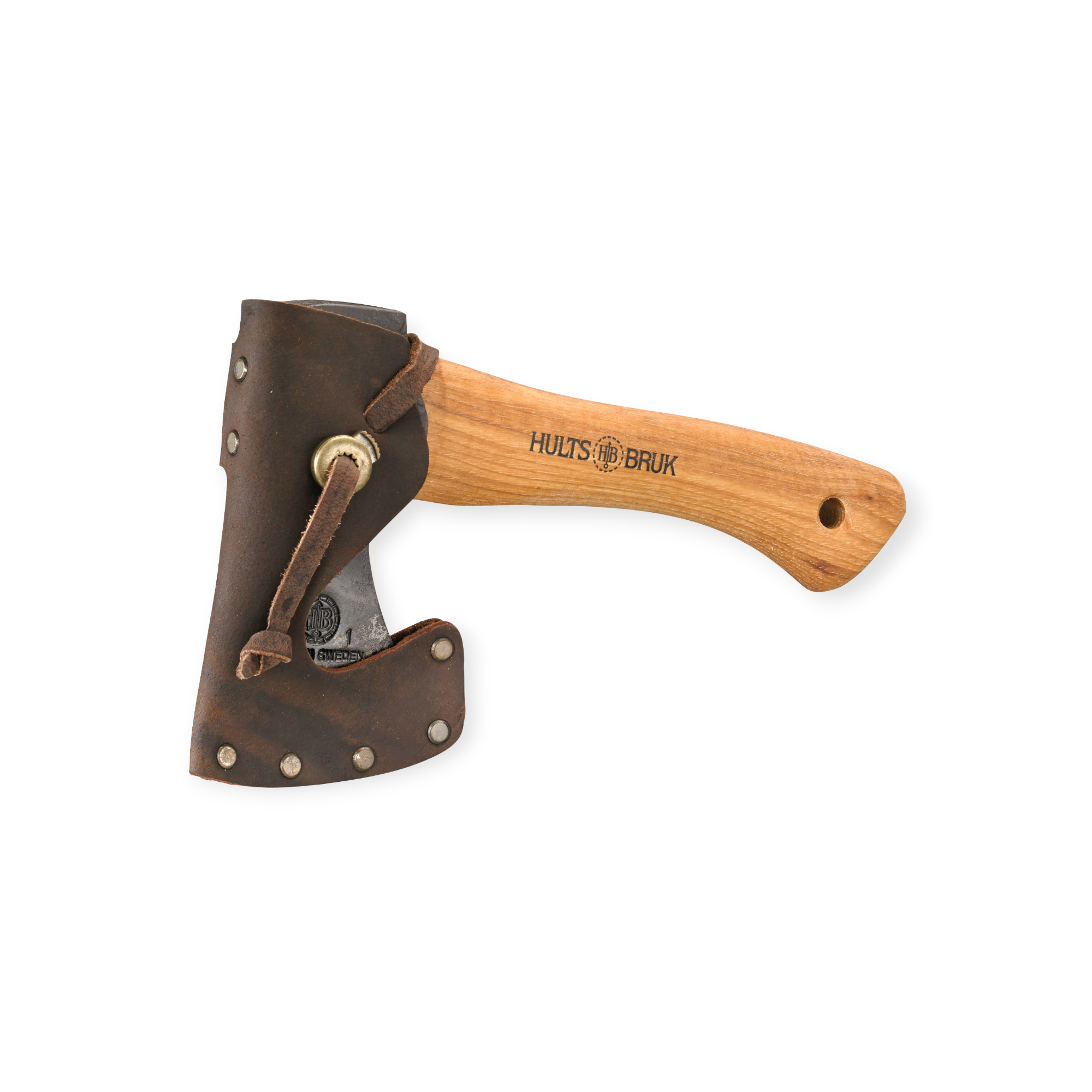 Small hatchet with a leather sheath by Hults Bruk, featuring a wooden handle and steel blade.