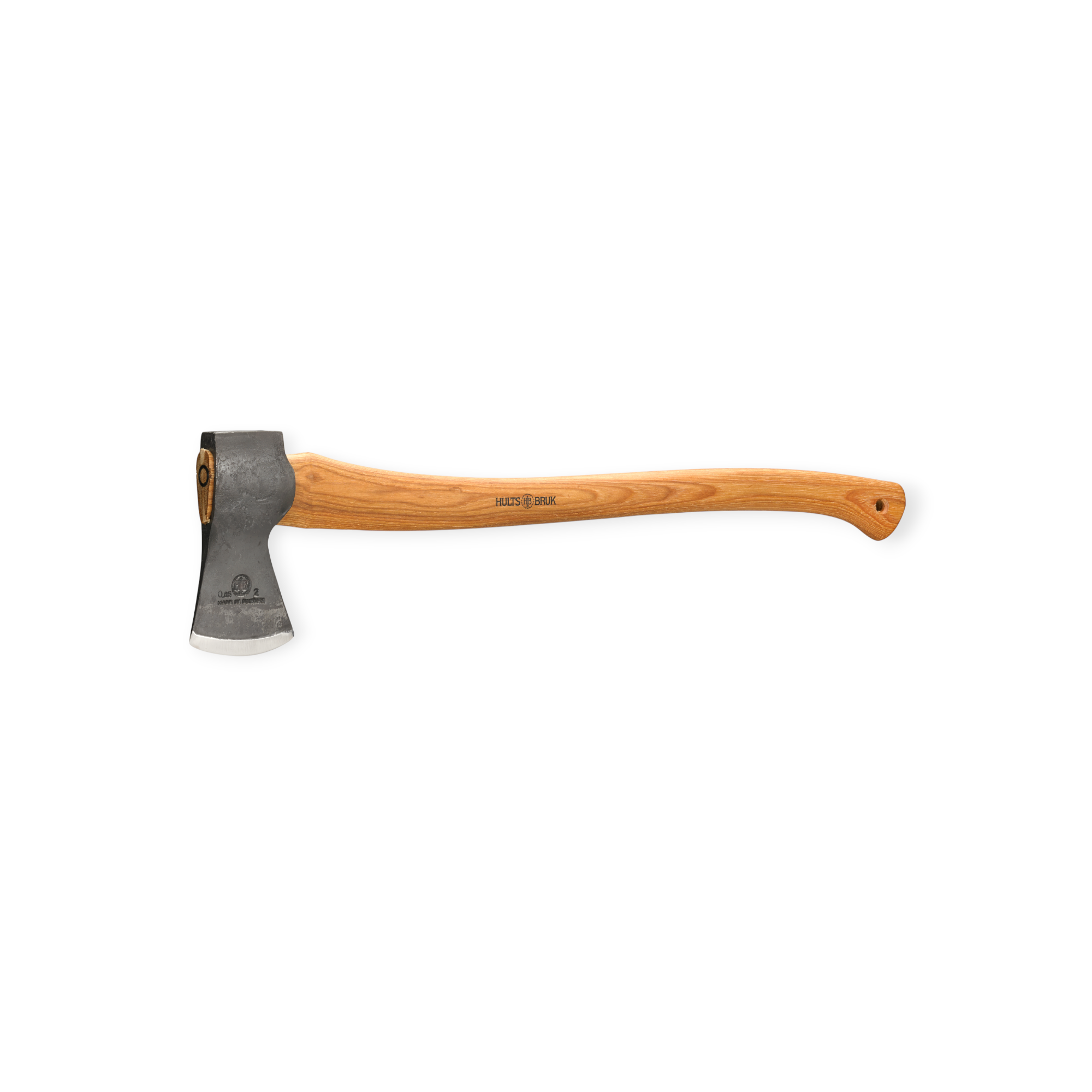 Felling axe with a wooden handle by Hults Bruk, featuring a gray steel head with imprinted logo.