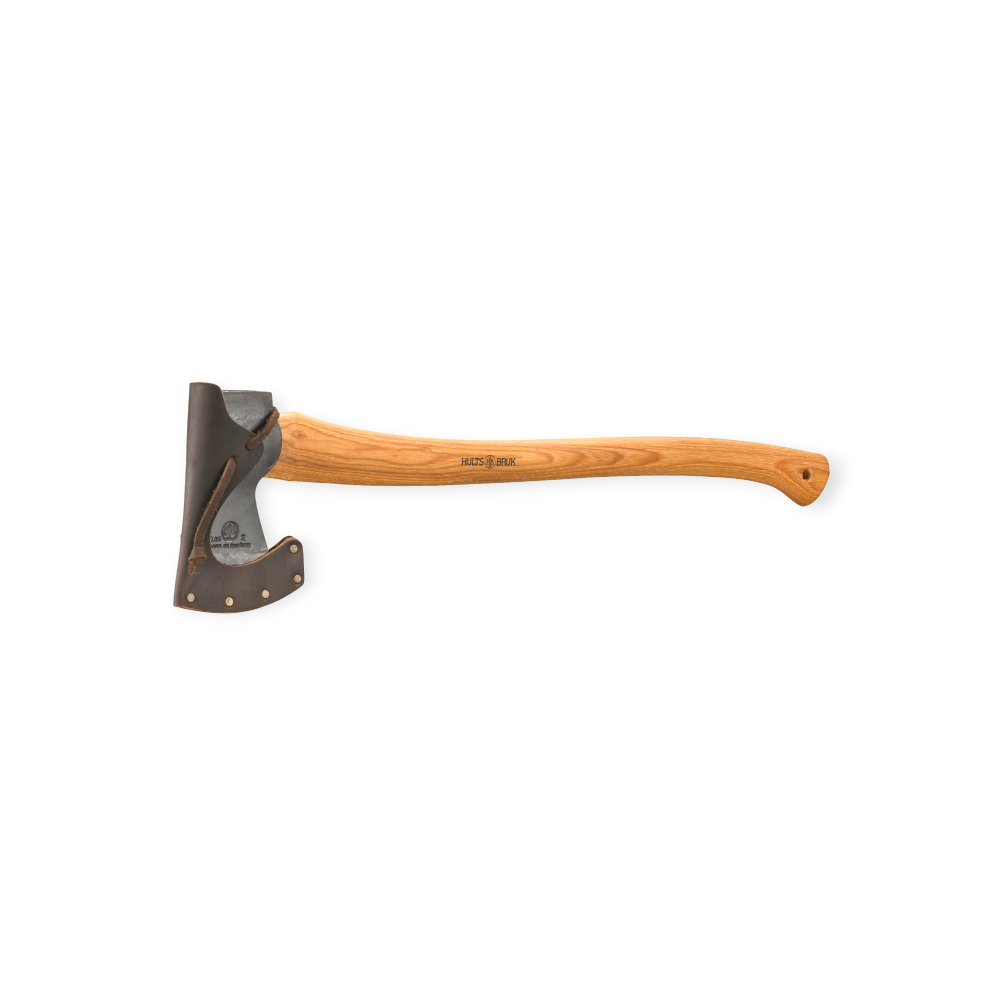 Wood-handled felling axe by Hults Bruk with a dark leather sheath around the blade.