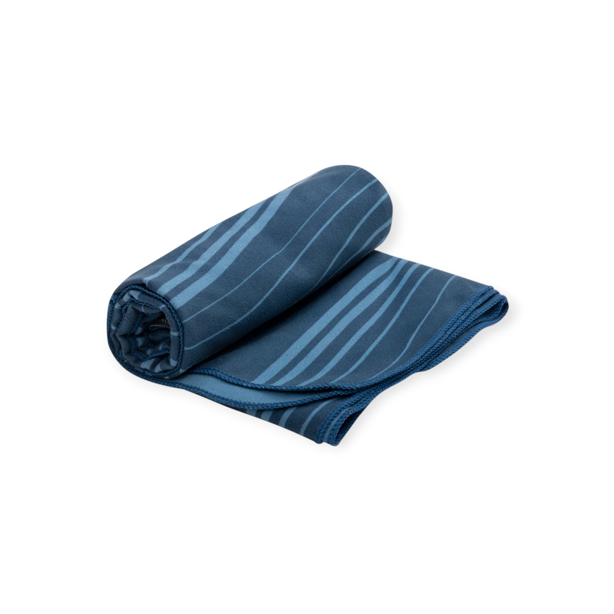 Blue Drylite towel large by Sea to Summit, partially rolled, with lighter blue wavy stripes.