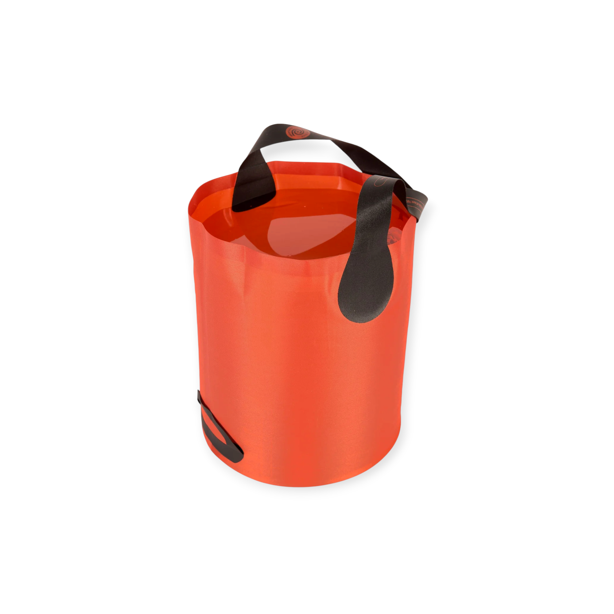 Red nylon folding bucket by Sea to Summit with black nylon handles and side loop, partially filled with water.