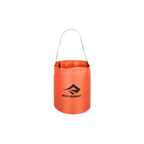 Red 10L nylon folding bucket by Sea to Summit with black carrying strap, shown on a white background.