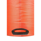 Red nylon folding bucket by Sea to Summit with a black handle at the bottom.