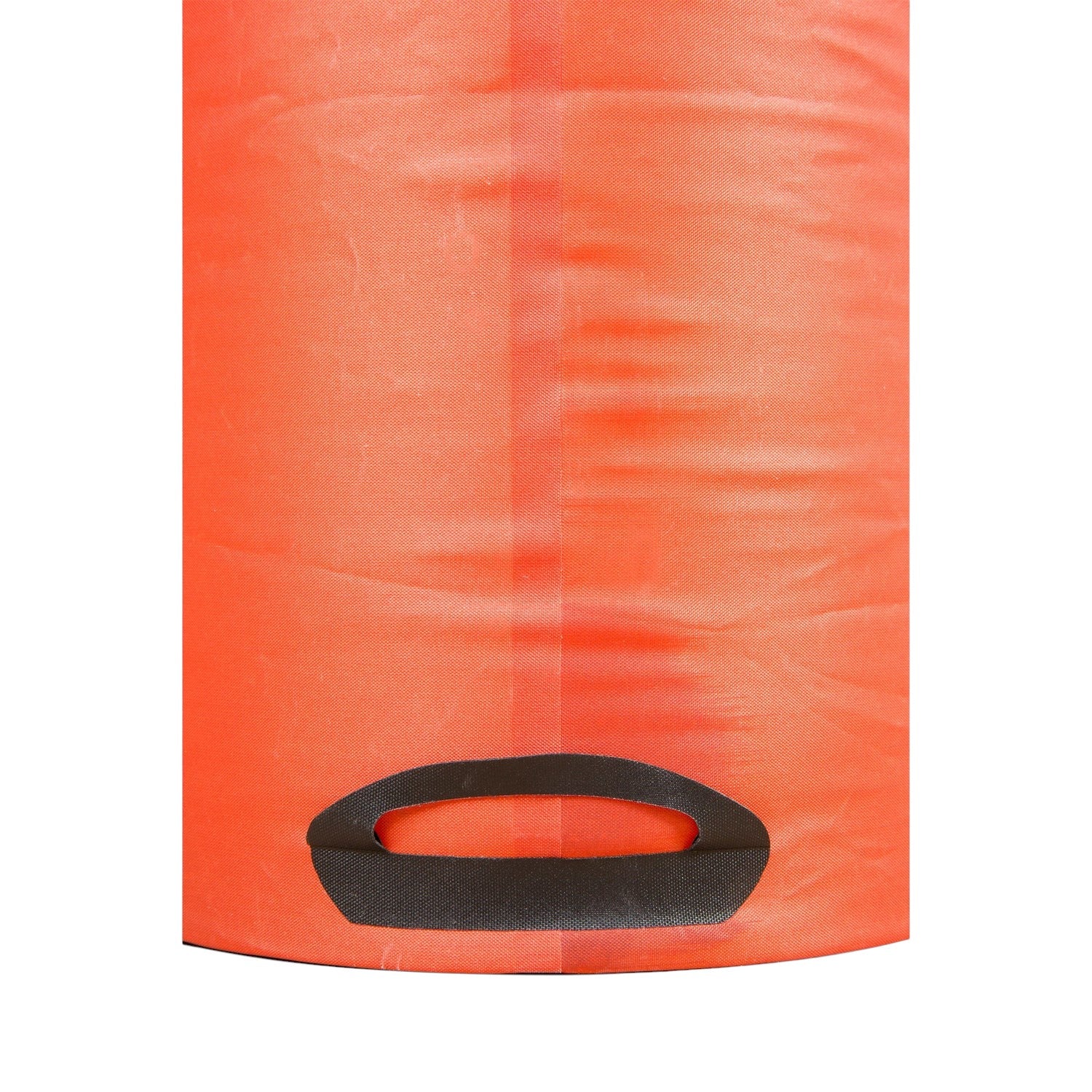 Red nylon folding bucket by Sea to Summit with a black handle at the bottom.