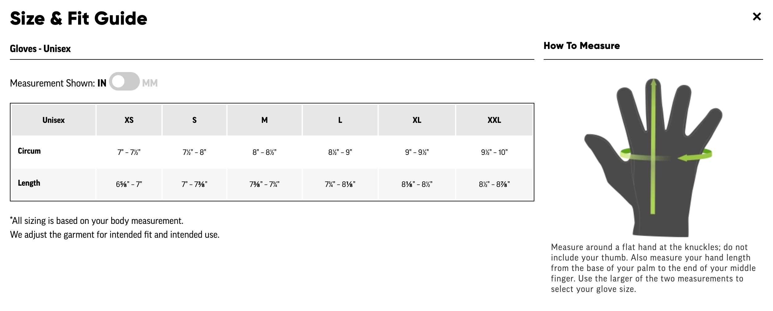 A size and fit guide for unisex gloves, with a measurement chart in inches and an illustration showing how to measure hand circumference and length.