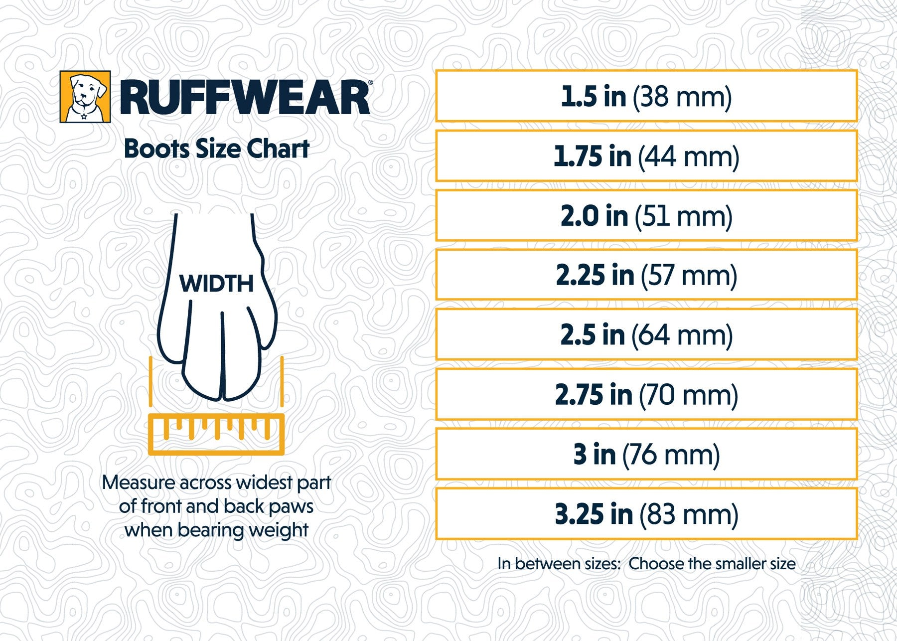A Ruffwear dog boot size chart with text and a paw width diagram provides dimensions in inches and millimeters.