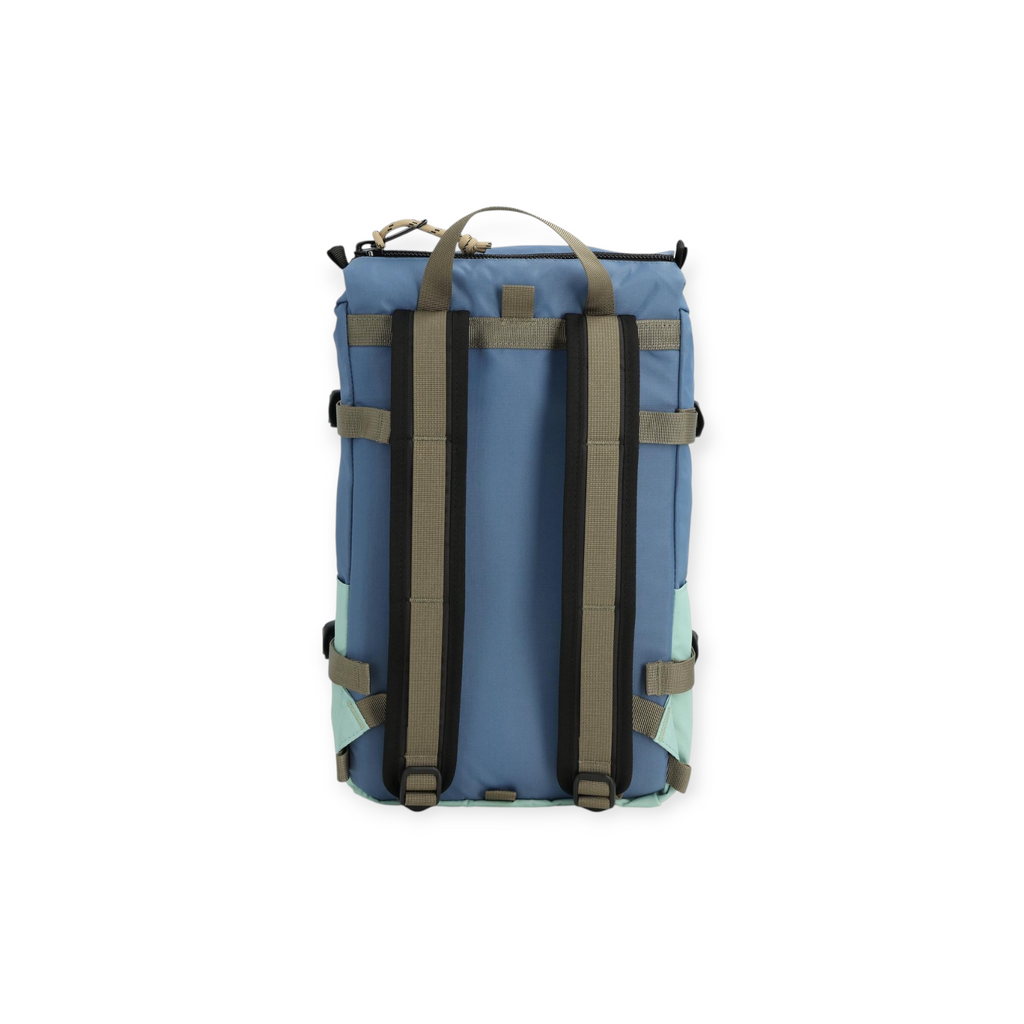 Blue and mint green backpack by Topo Designs with two olive green shoulder straps, seen from the rear.