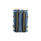 Blue and mint green backpack by Topo Designs with two olive green shoulder straps, seen from the rear.