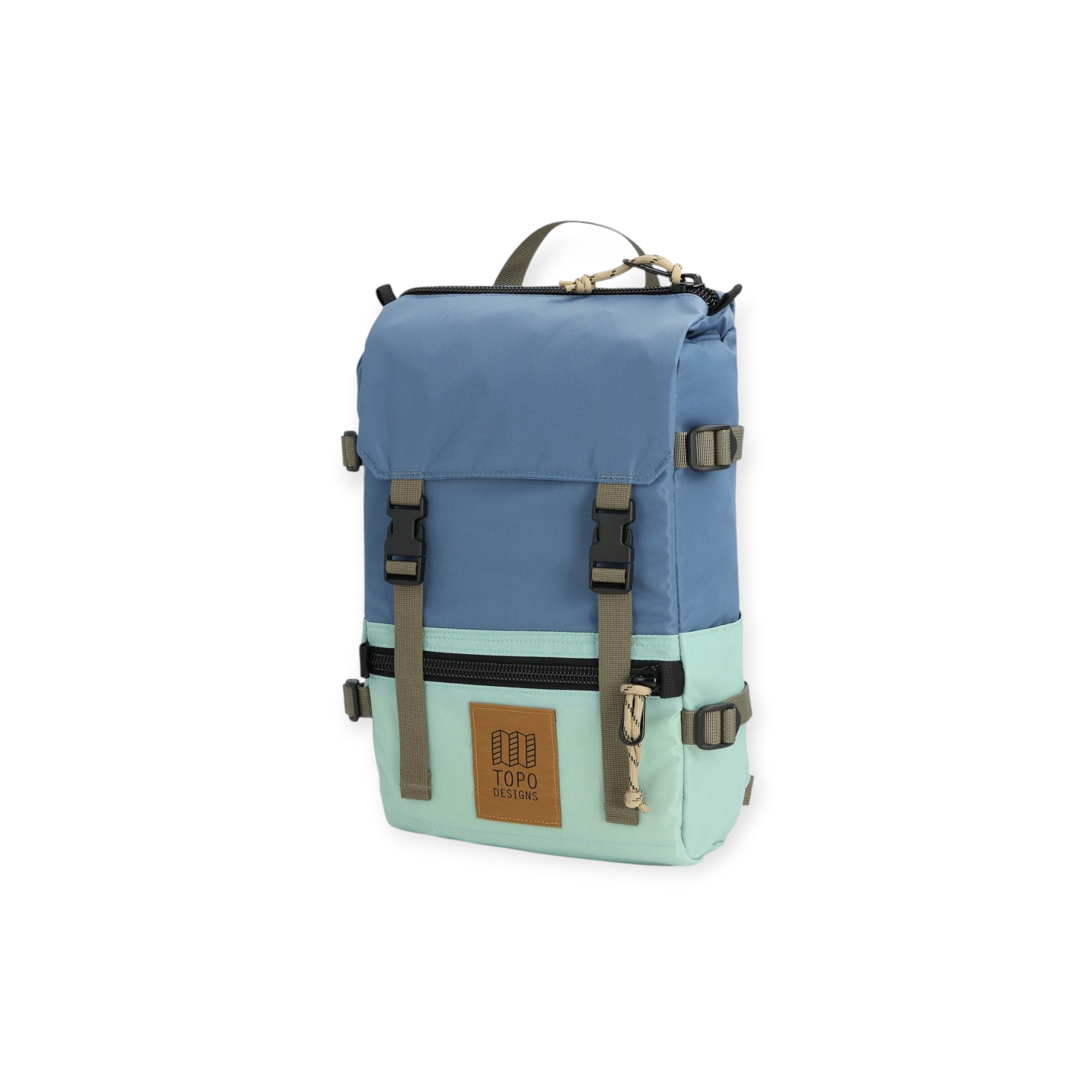Blue and mint green backpack by Topo Designs with olive green straps and a logo patch.