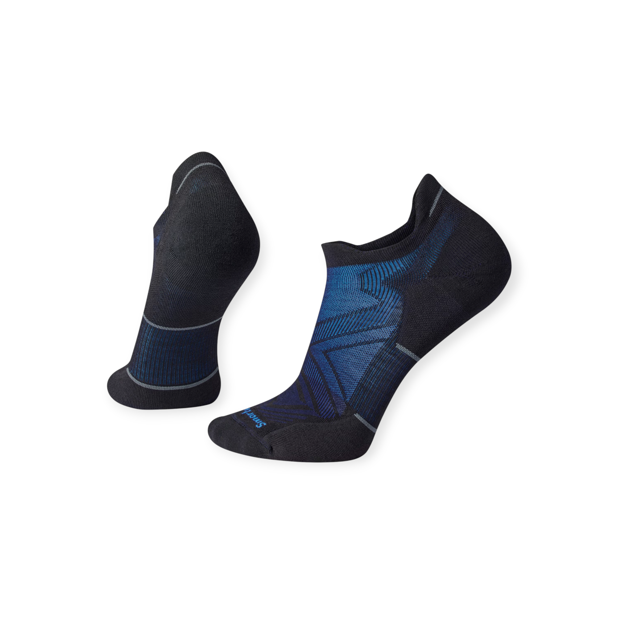 Black low ankle socks by Smartwool with blue geometric detailing and reflective accents.
