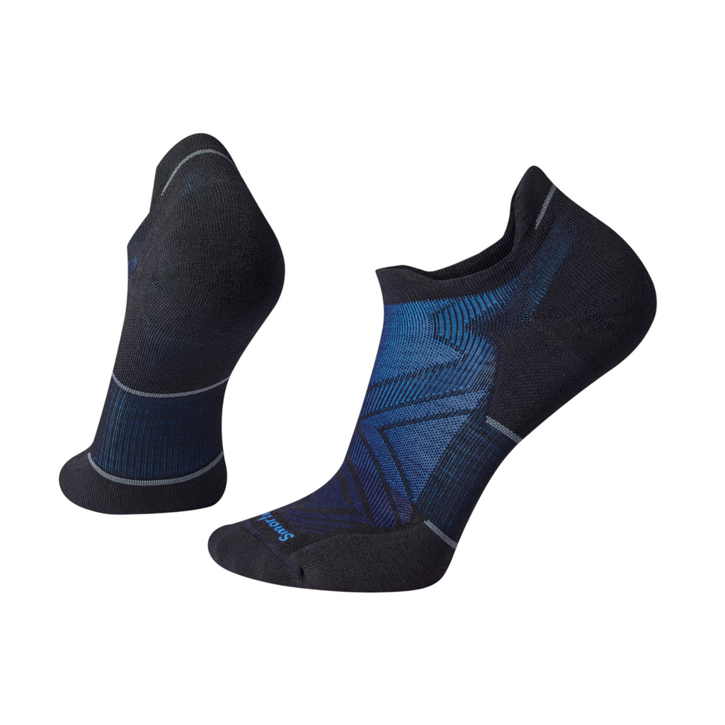 Black ankle socks by Smartwool with a geometric blue pattern on the instep.