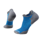 Blue running socks by Smartwool with gray heel and toe, featuring patterned texture.